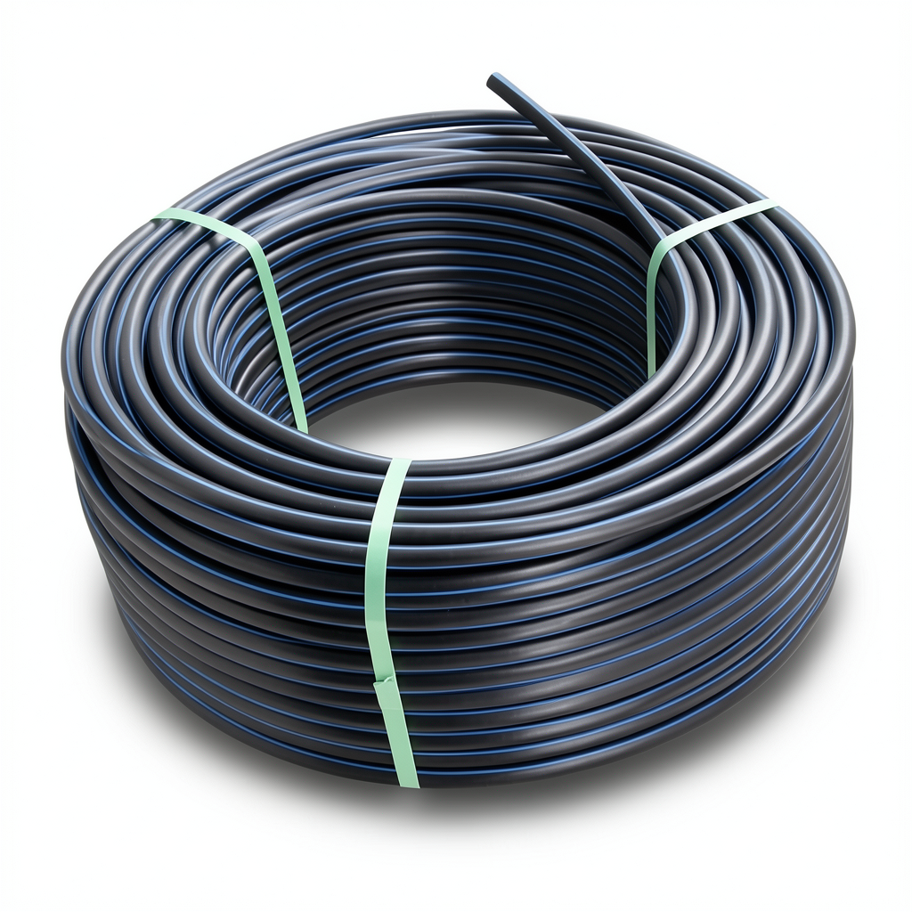 لفة أنابيب HDPE ضغط اسمي 15.6 بار PE 100 قطر خارجي 16 مم SDR 9 أسود مع خطوط زرقاء