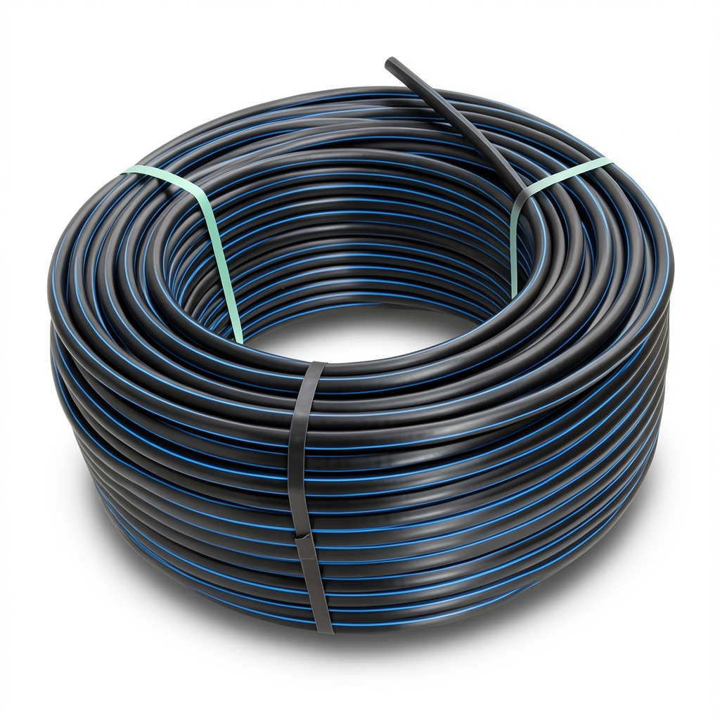 لفة أنابيب بلاستيك HDPE ضغط 15.6 بار PE 100 قطر خارجي 32 مم SDR 9 أسود مع خط أزرق