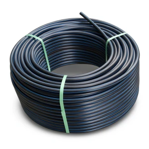 لفة أنابيب HDPE ضغط 15.6 بار PE 100 قطر خارجي 50 مم SDR 9 أسود مع خطوط زرقاء