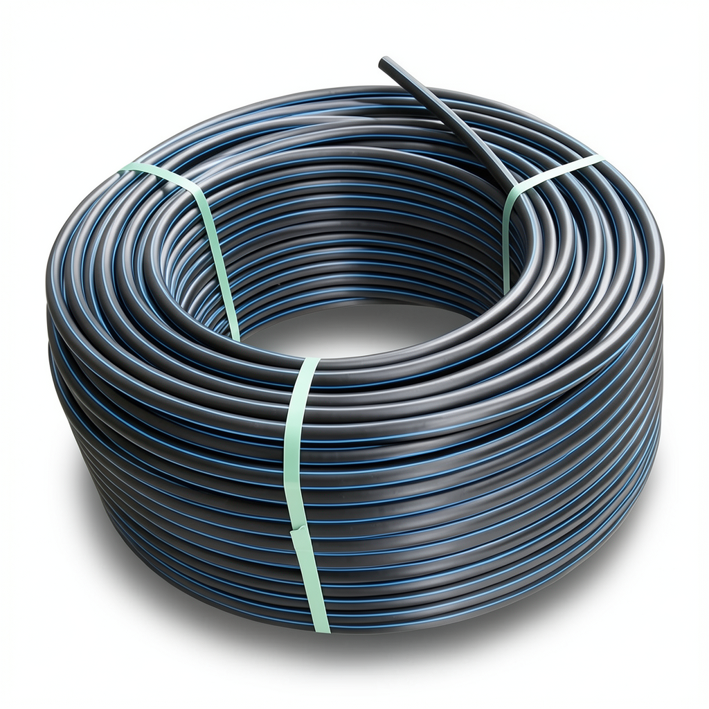 لفة أنابيب بلاستيك بولي ايثيلين عالي الكثافة ضغط 15.6 بار [PE 100] قطر خارجي 110 مم SDR 9 لون أسود مع خط أزرق