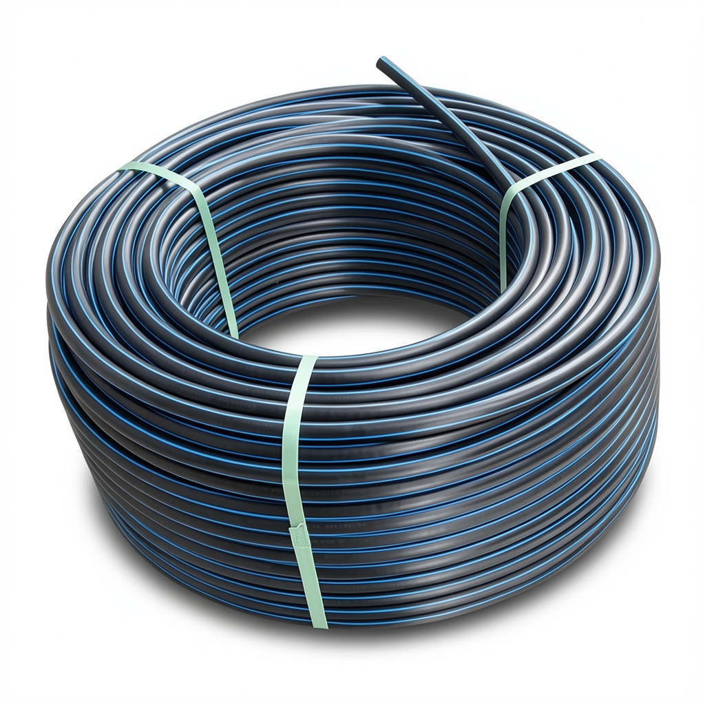 HDPE Plastic Coil Pipe Nominal Pressure 15.6 Bar PE 100, 140 mm SDR 9 Black with Blue Stripes