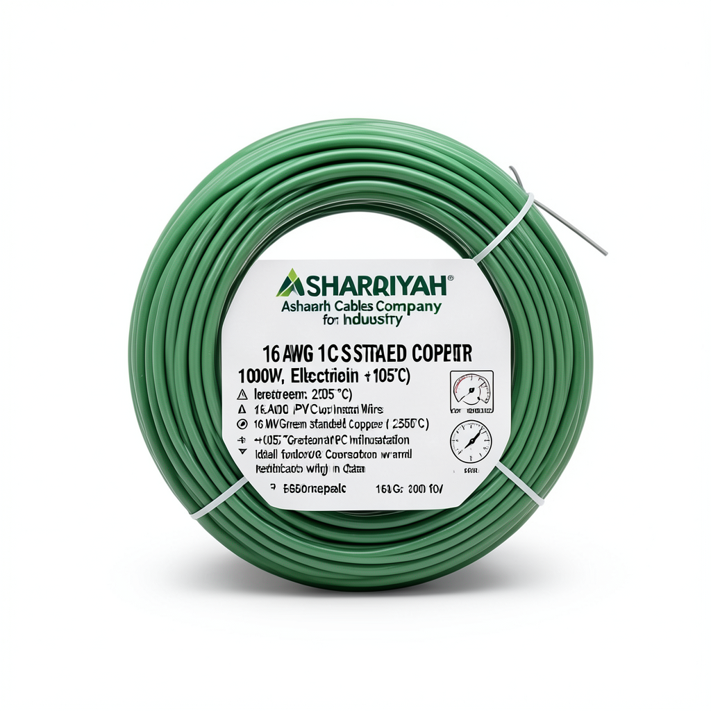 16 AWG 1C Stranded Copper Electric Wire, 1000V, PVC Insulated (+105°C) Green, 2500 feet | Asharqiyah Cables Company for Industry
