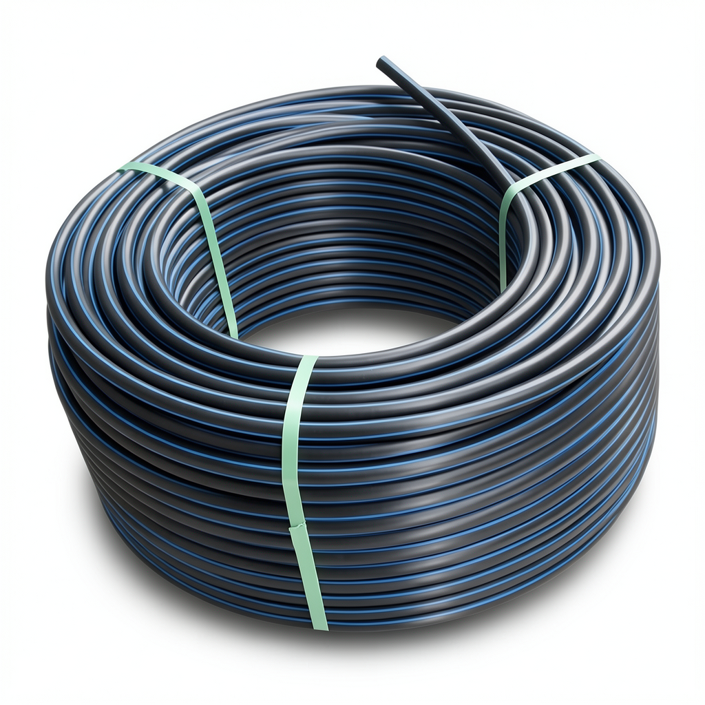 لفة أنابيب HDPE ضغط اسمي 15.6 بار PE 100 قطر خارجي 16 مم SDR 9 أسود مع خطوط زرقاء
