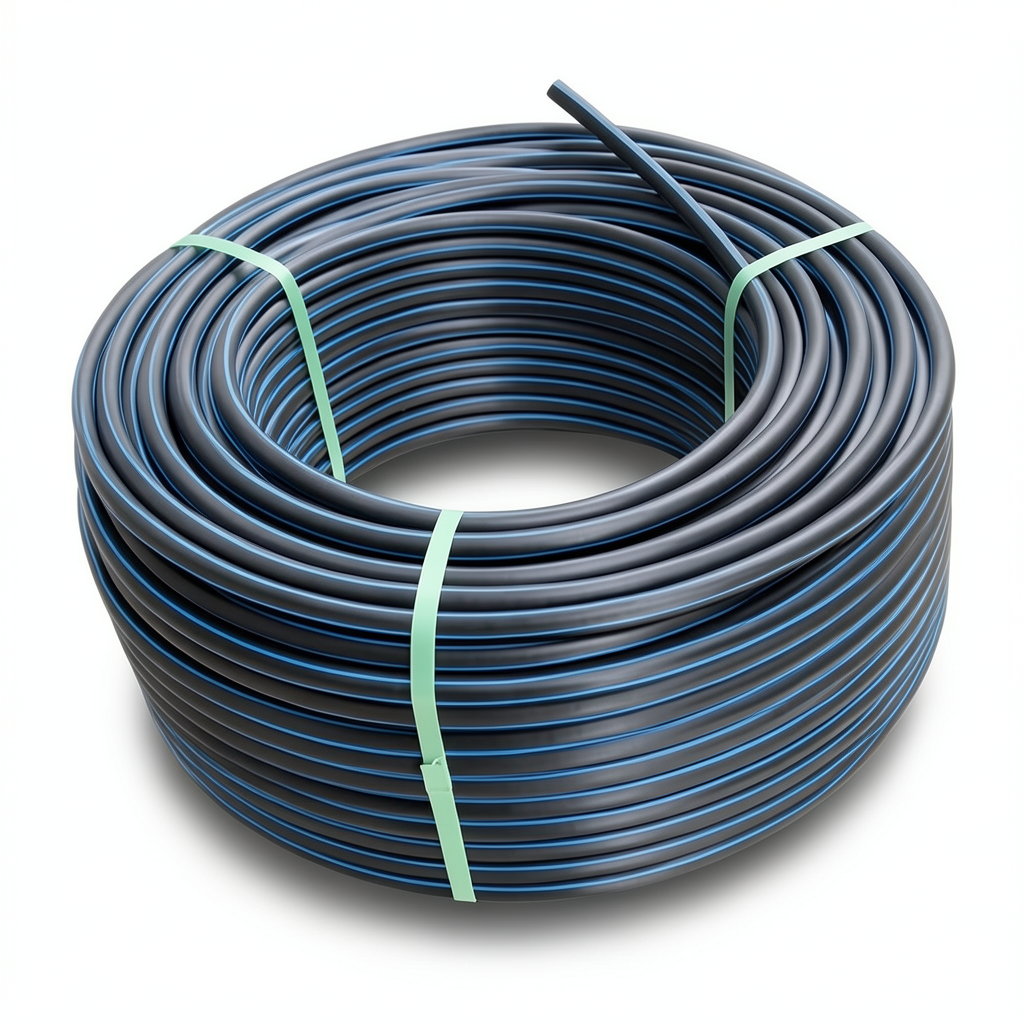 لفة أنابيب HDPE ضغط 15.6 بار PE 100 قطر خارجي 20 مم SDR 9 أسود مع خط أزرق