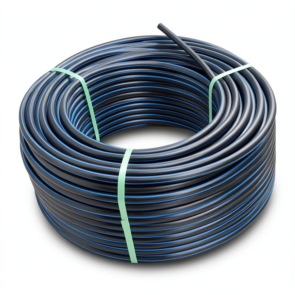 لفة أنابيب HDPE ضغط 15.6 بار PE 100 قطر خارجي 50 مم SDR 9 أسود مع خطوط زرقاء