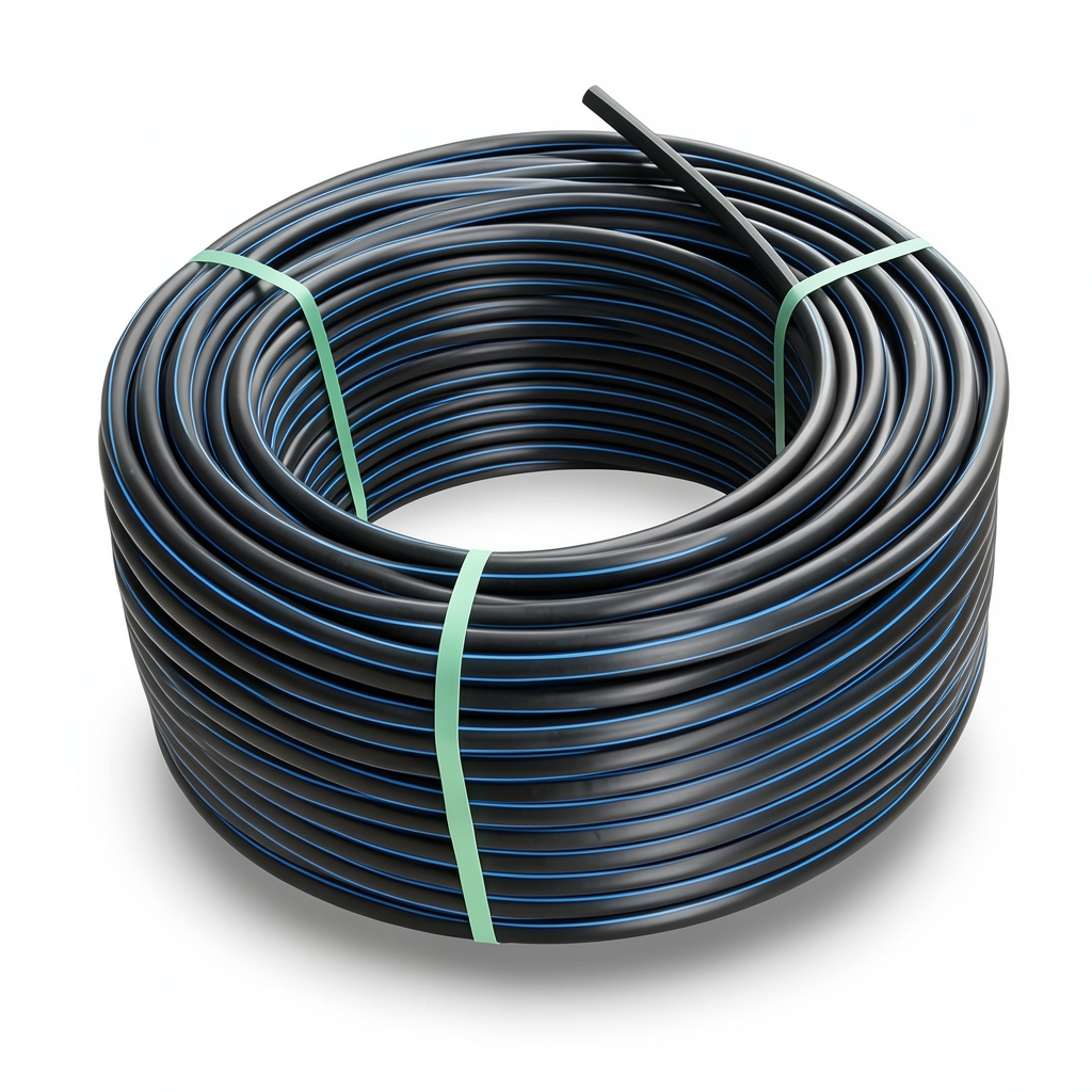 لفة أنابيب بلاستيك HDPE ضغط 15.6 بار PE 100 قطر خارجي 75 مم SDR 9 لون أسود مع خط أزرق