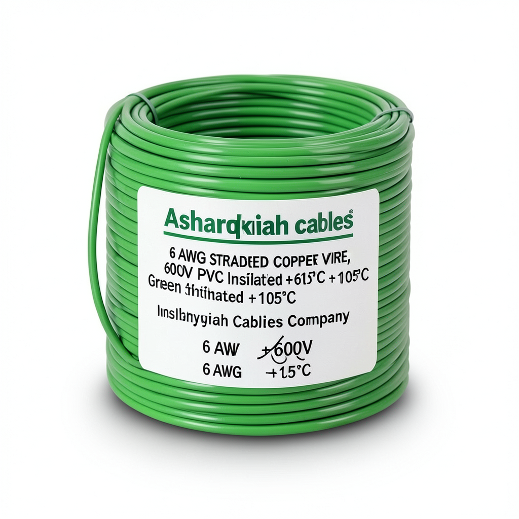6 AWG Stranded Copper Wire, 600V PVC Insulated +105°C Green | Asharqiyah Cables Company for Industry