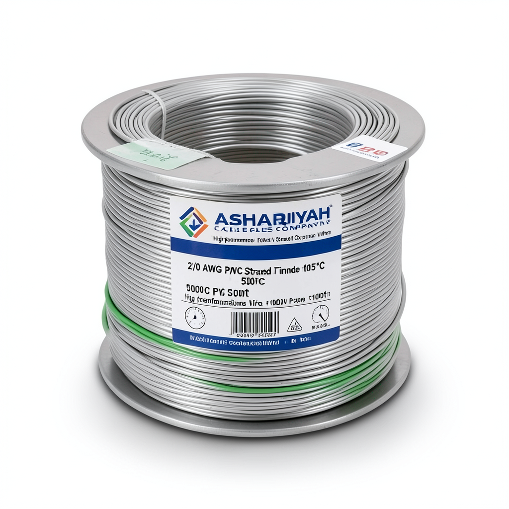 لفة سلك مفرد نحاس مجدول 2/0 AWG مطلي قصدير، عزل PVC +105°C، 1000 فولت، اخضر، 500 قدم | شركة كابلات الشرقية للصناعة
