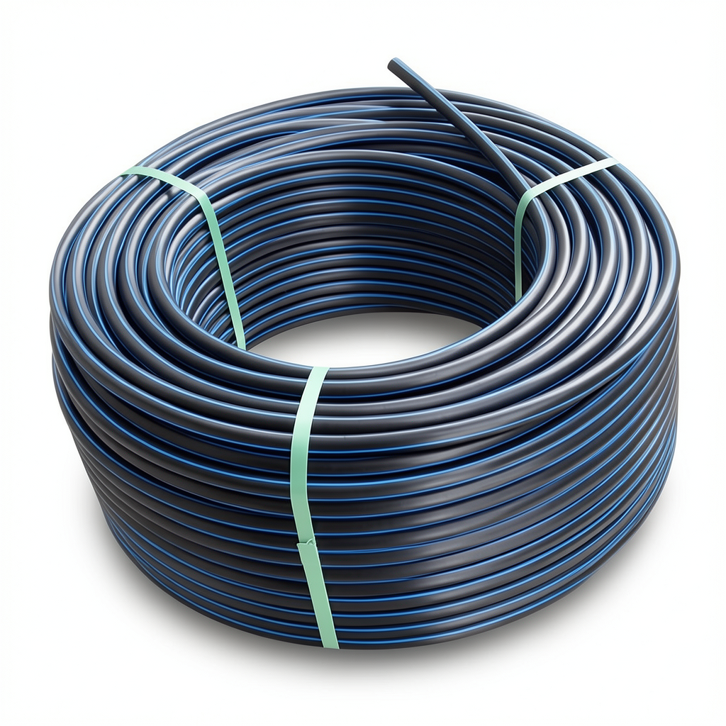 لفة أنابيب بلاستيك HDPE ضغط 19.2 بار PE 100، قطر خارجي 40 مم، SDR 7.4 لون أسود مع خط أزرق