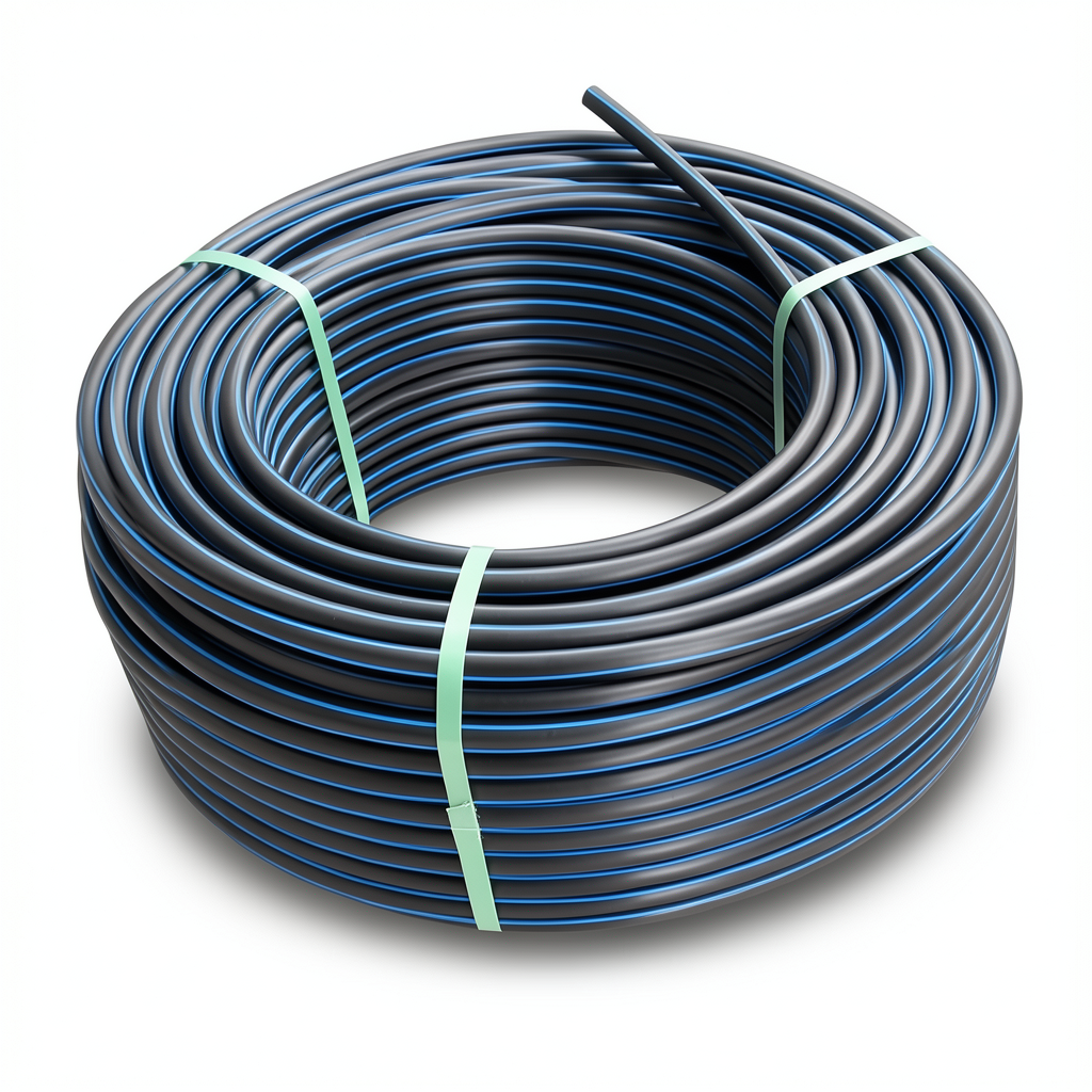 لفة أنابيب بلاستيك HDPE ضغط اسمي 19.2 بار PE 100 قطر خارجي 50 مم SDR 7.4 أسود مع خطوط زرقاء