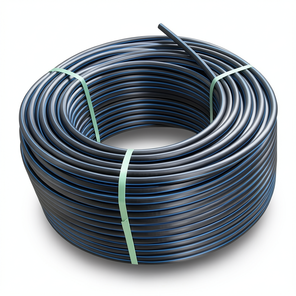 لفة أنابيب HDPE ضغط اسمي 19.2 بار PE100 قطر خارجي 63 مم SDR 7.4 أسود مع خطوط زرقاء