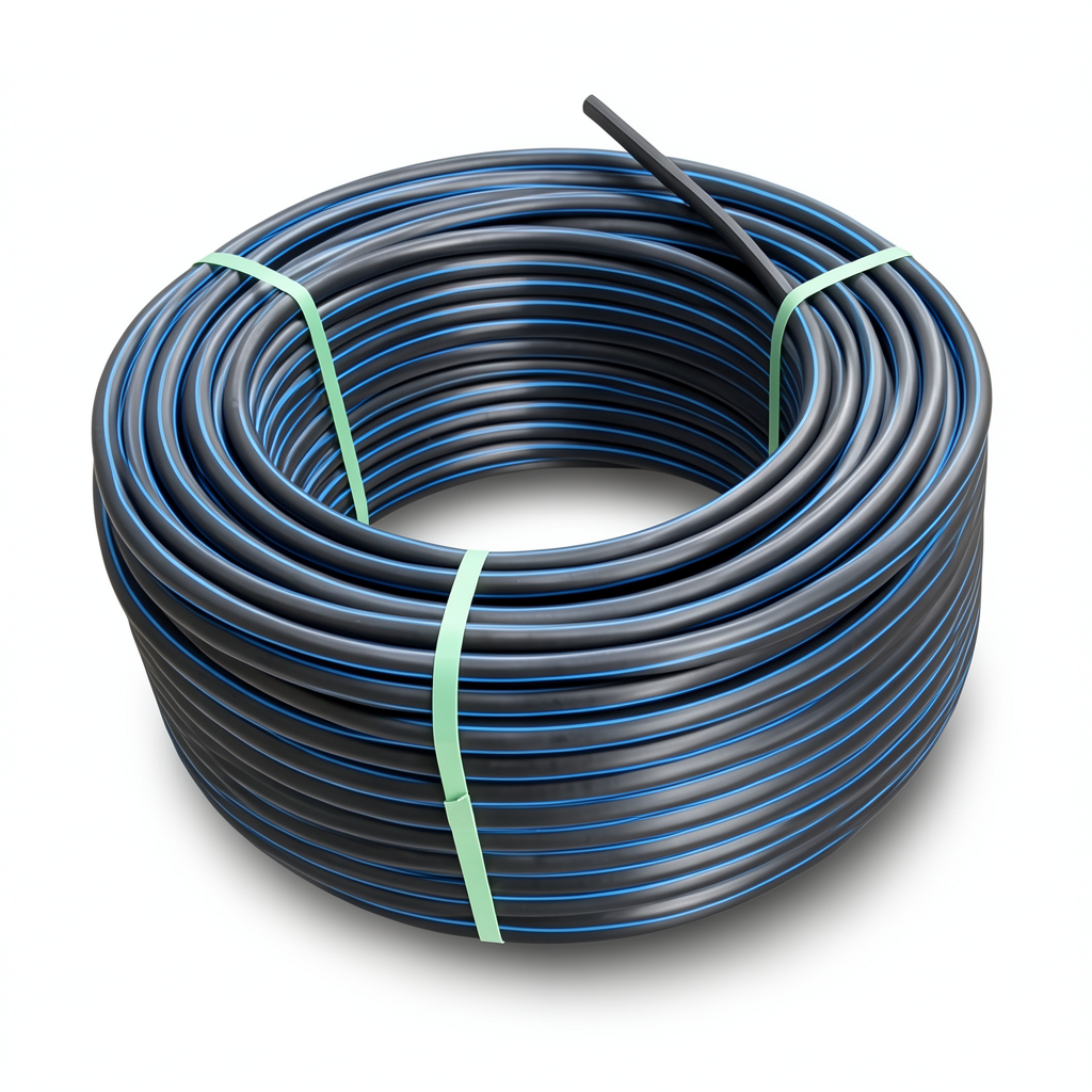 لفة أنابيب HDPE ضغط 15.6 بار PE 100، قطر خارجي 140 مم SDR 9 أسود مع خط أزرق