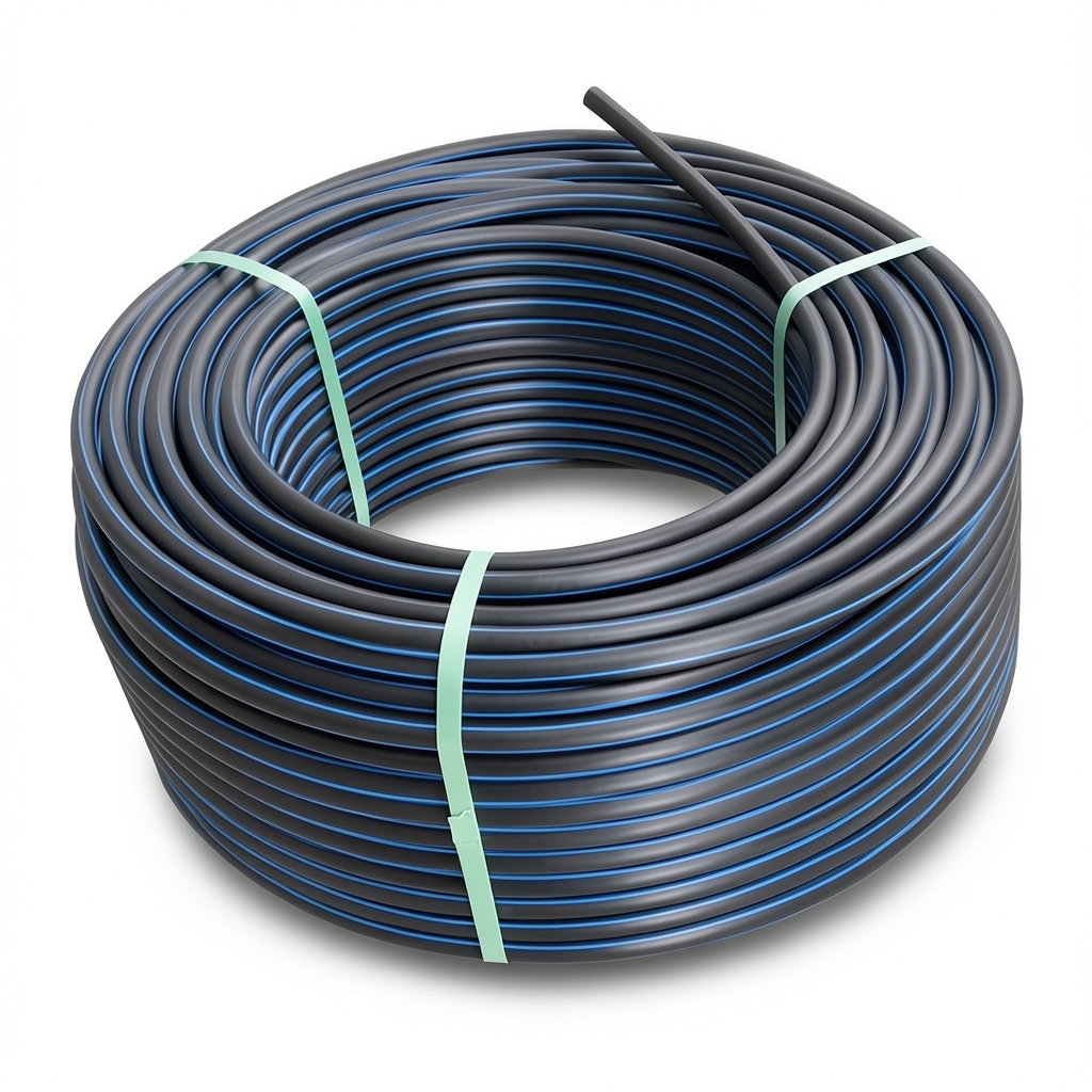 لفة أنابيب بلاستيك HDPE ضغط 19.2 بار PE 100 قطر خارجي 110 مم SDR 7.4 أسود مع خط أزرق