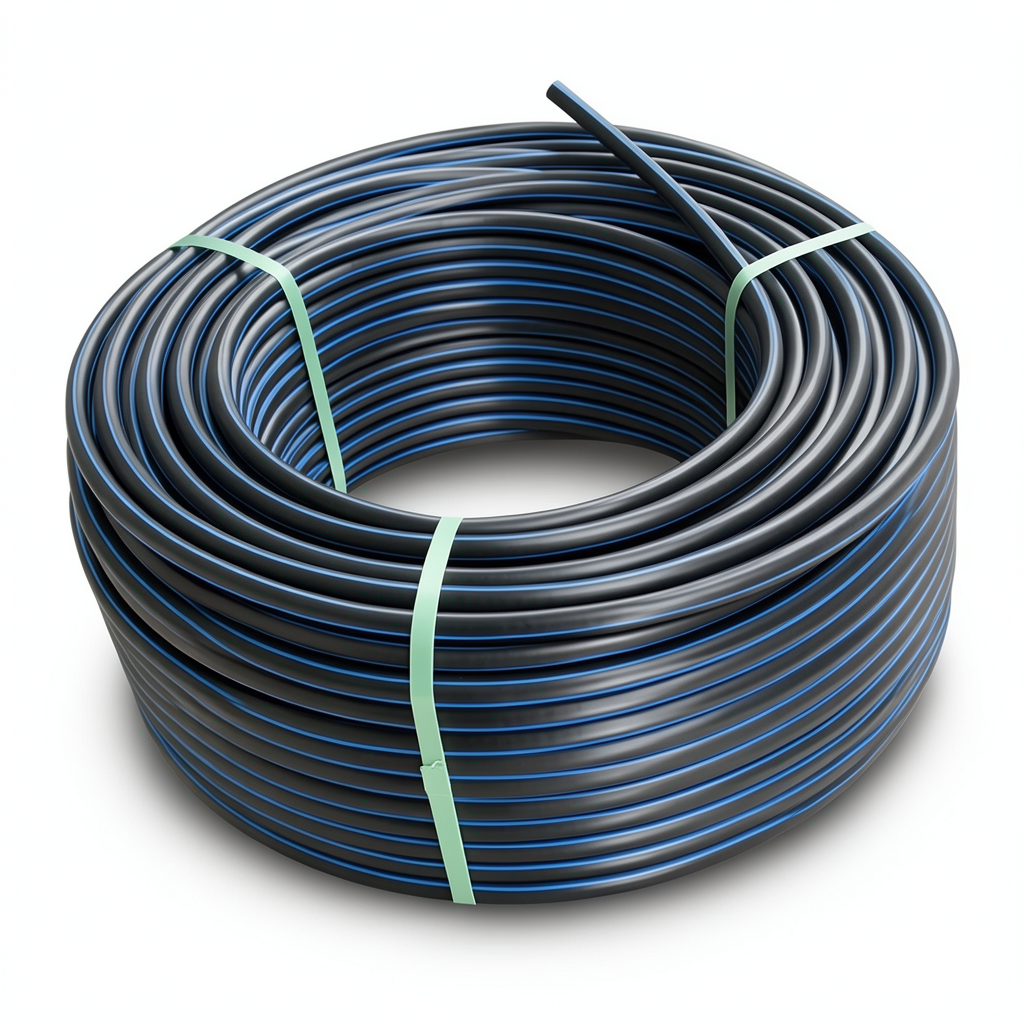 لفة أنابيب HDPE ضغط 19.2 بار PE 100 قطر خارجي 20 مم SDR 7.4 أسود مع خط أزرق