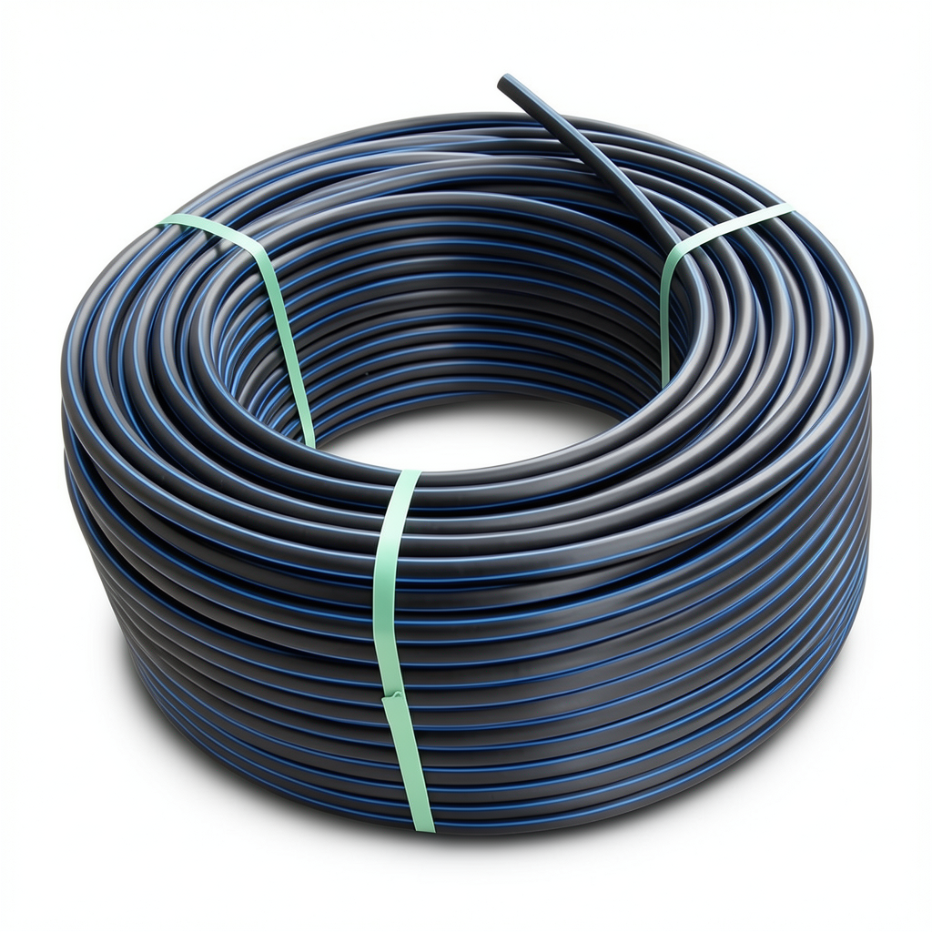 لفة أنابيب HDPE ضغط 19.2 بار PE 100 قطر خارجي 160 مم SDR 7.4 أسود مع خطوط زرقاء