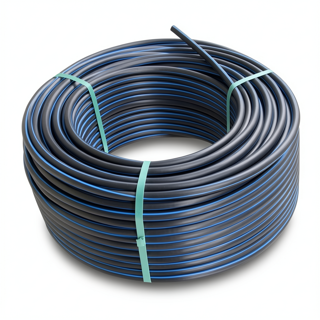 لفة أنابيب بلاستيك HDPE ضغط اسمي 19.2 بار PE 100 قطر خارجي 50 مم SDR 7.4 أسود مع خطوط زرقاء