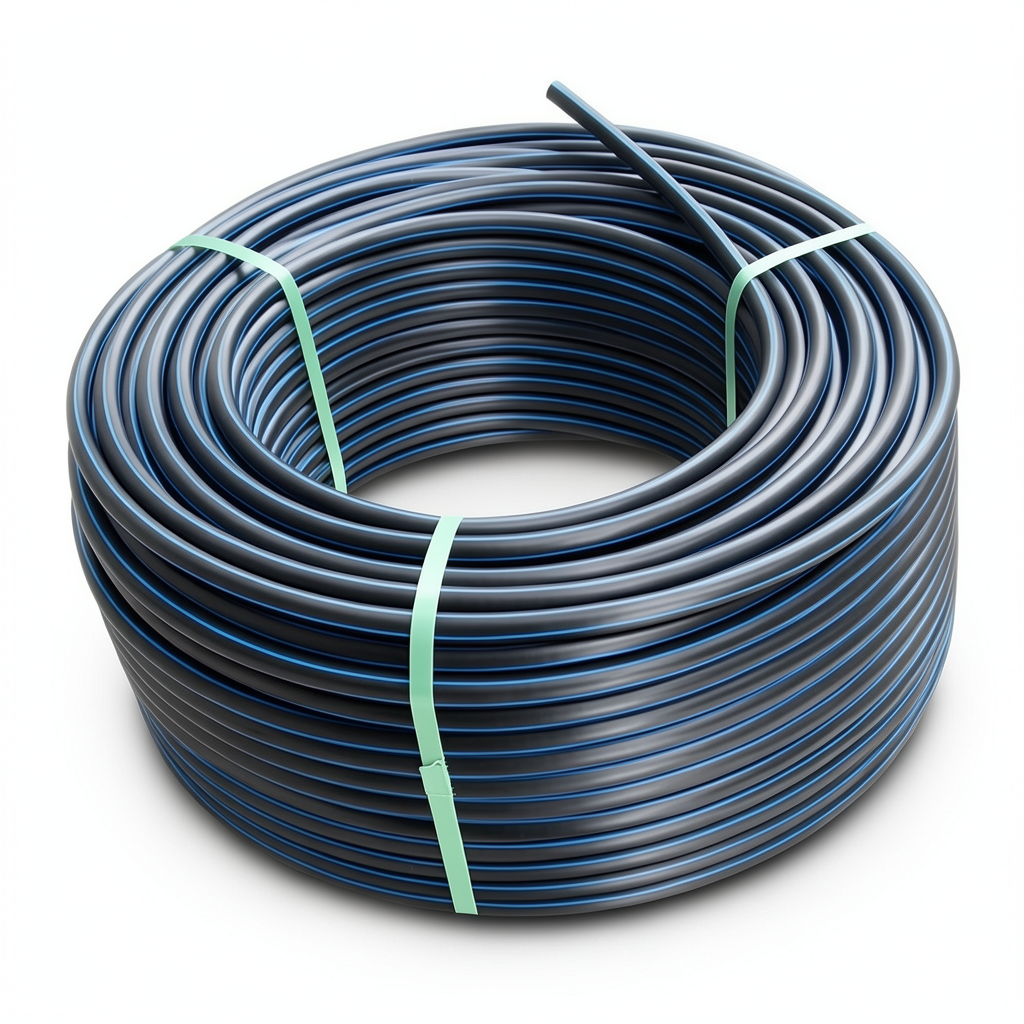 HDPE Plastic Coil Pipe PN 19.2 Bar PE 100 OD 75 mm SDR 7.4 Black with Blue Stripes