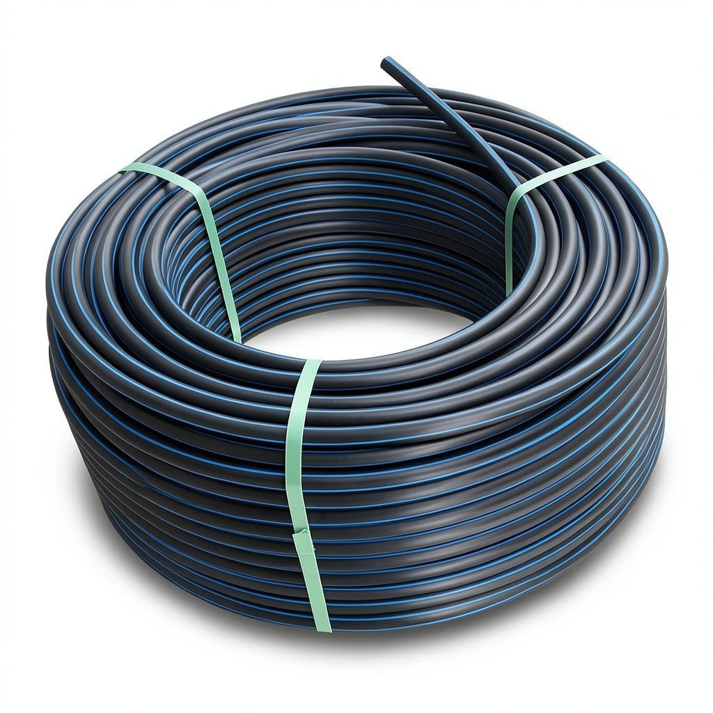 لفة أنابيب بلاستيك HDPE ضغط 19.2 بار PE 100 قطر خارجي 110 مم SDR 7.4 أسود مع خط أزرق