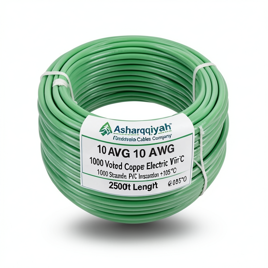 10 AWG 1C Stranded Copper Electric Wire, 1000 Volts, PVC Insulation (+105°C) Green, 2500ft Length | Asharqiyah Cables Company for Industry