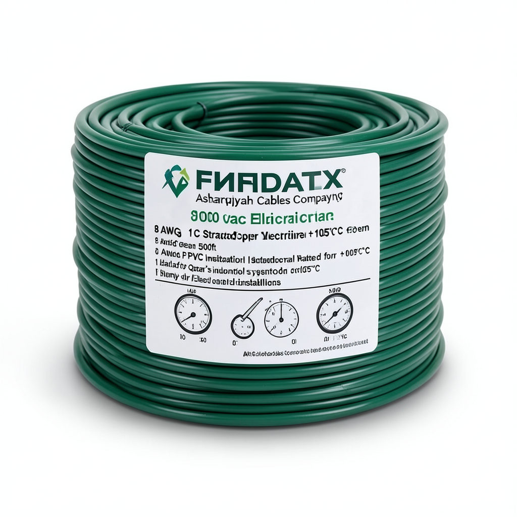 سلك كهرباء مفرد 8 AWG نحاس مجدول 1000 فولت عزل PVC +105°C أخضر طول 500 قدم | شركة كابلات الشرقية للصناعة