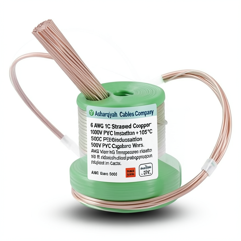 سلك كهربائي نحاس مجدول 6 AWG مفرد 1000 فولت عازل PVC +105°C أخضر طول 500 قدم | شركة كابلات الشرقية للصناعة