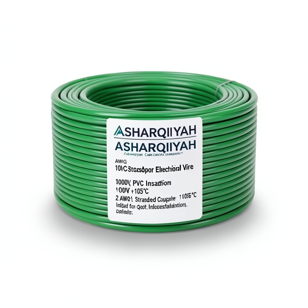 لفة سلك مفرد 2 AWG نحاس مجدول كهربائي، 1000 فولت، عزل PVC +105°C، أخضر، طول 500 قدم | شركة كابلات الشرقية للصناعة