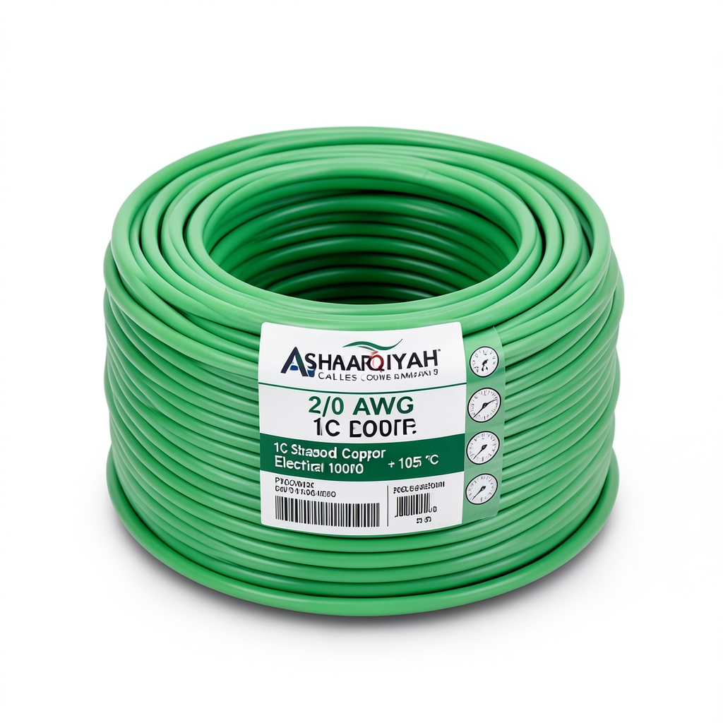سلك مفرد 2/0 AWG نحاس مجدول كهربائي، 1000 فولت، عزل PVC +105°C، أخضر، طول 500 قدم | شركة كابلات الشرقية للصناعة