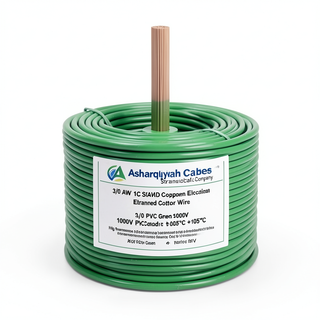 3/0 AWG 1C Stranded Copper Electrical Wire 1000V PVC Insulation +105°C Green 500ft | Asharqiyah Cables Company for Industry