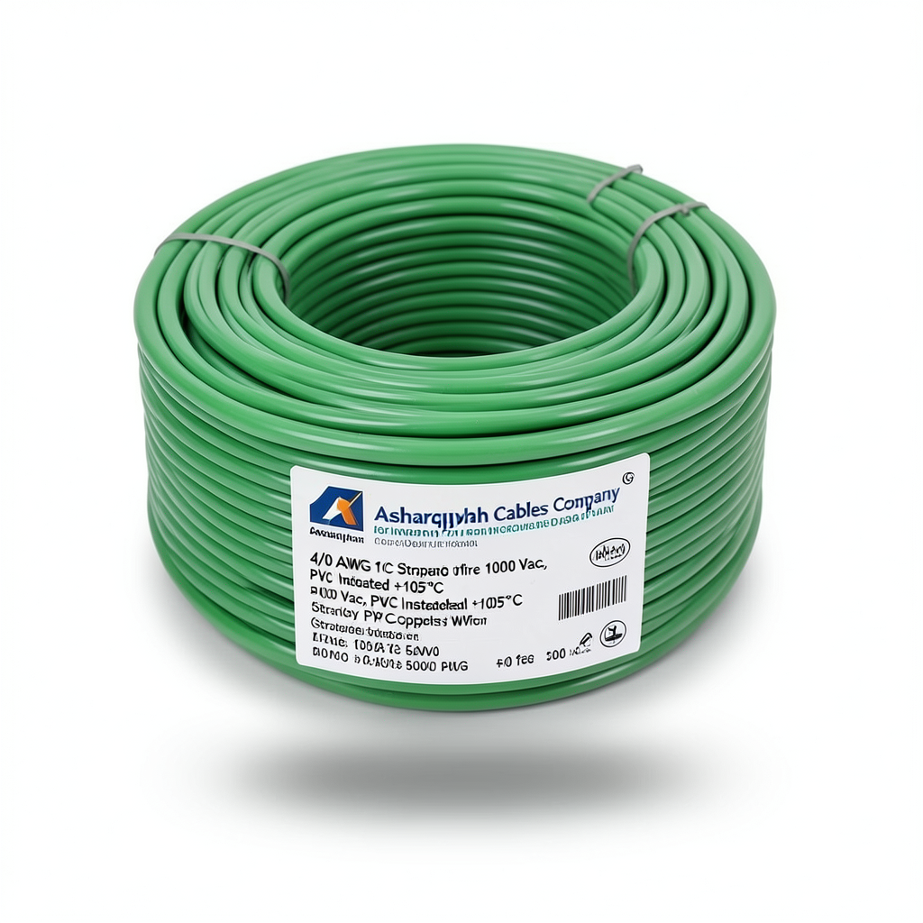 4/0 AWG 1C Stranded Copper Wire 1000 Vac, PVC Insulated +105°C, Green, 500 feet | Asharqiyah Cables Company for Industry