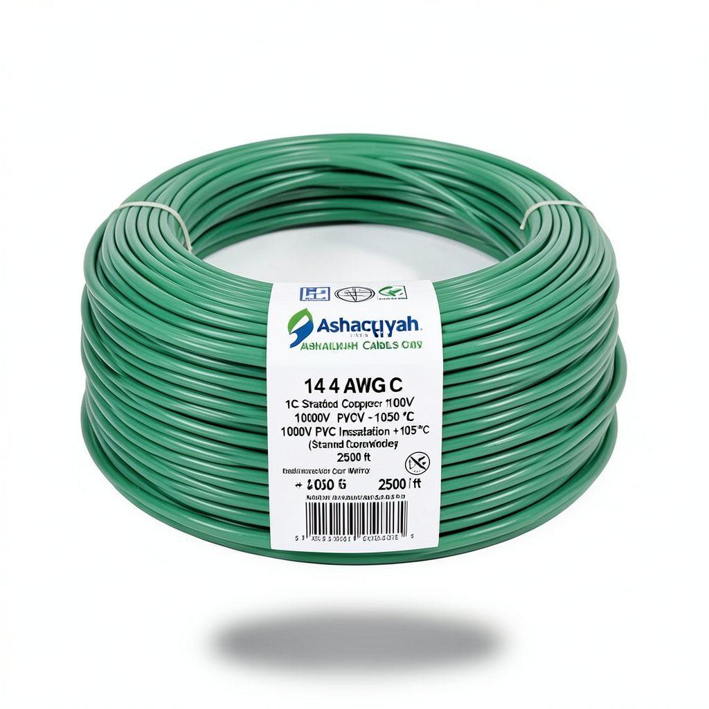 سلك مفرد 14 AWG نحاس مجدول، 1000 فولت، عزل PVC +105°C، أخضر، طول 2500 قدم | شركة كابلات الشرقية للصناعة