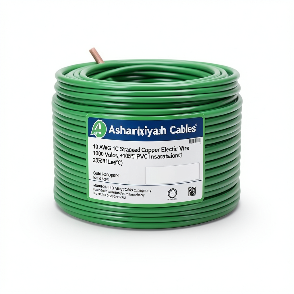 سلك مفرد 10 AWG نحاس مجدول معزول PVC +105°C أخضر، 1000 فولت، طول 2500 قدم | شركة كابلات الشرقية للصناعة