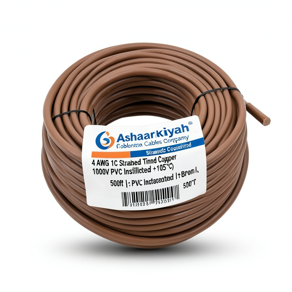 4 AWG 1C Stranded Tinned Copper Wire, 1000V PVC Insulated (+105°C) Brown, 500ft | Asharqiyah Cables Company for Industry