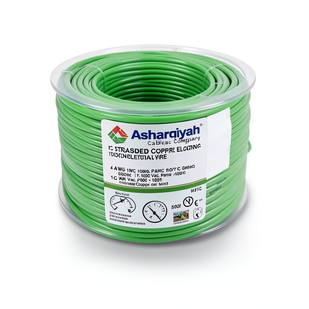سلك كهرباء مفرد 4 AWG نحاس مجدول 1000 فولت، معزول PVC +105°C أخضر، طول 500 قدم | شركة كابلات الشرقية للصناعة