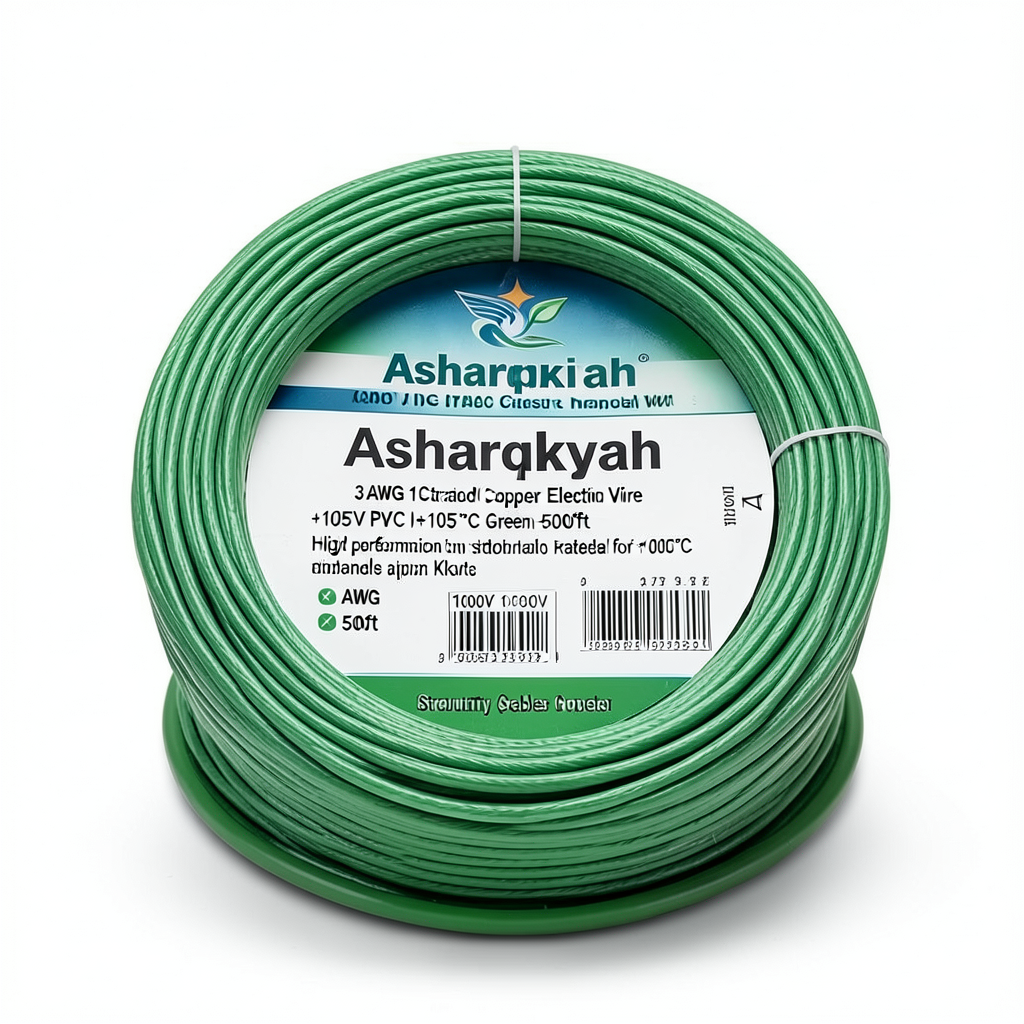 سلك نحاس مجدول 3 AWG مفرد 1000 فولت عزل PVC +105°C أخضر طول 500 قدم | شركة كابلات الشرقية للصناعة