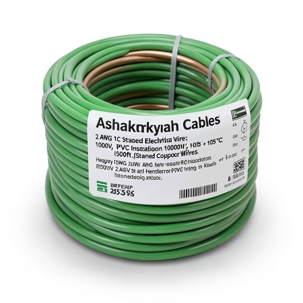 2 AWG 1C Stranded Copper Electrical Wire, 1000V, PVC Insulation +105°C, Green, 500ft | Asharqiyah Cables Company for Industry