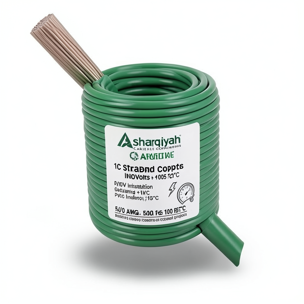 لفة سلك كهرباء مفرد 1/0 AWG نحاس مجدول 1000 فولت، عازل PVC +105°C أخضر، طول 500 قدم | شركة كابلات الشرقية للصناعة