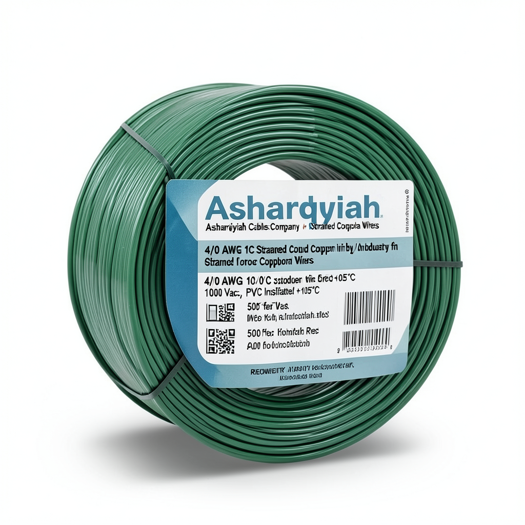 سلك مفرد 4/0 AWG نحاس مجدول 1000 فولت، معزول PVC +105°C، أخضر، طول 500 قدم | شركة كابلات الشرقية للصناعة