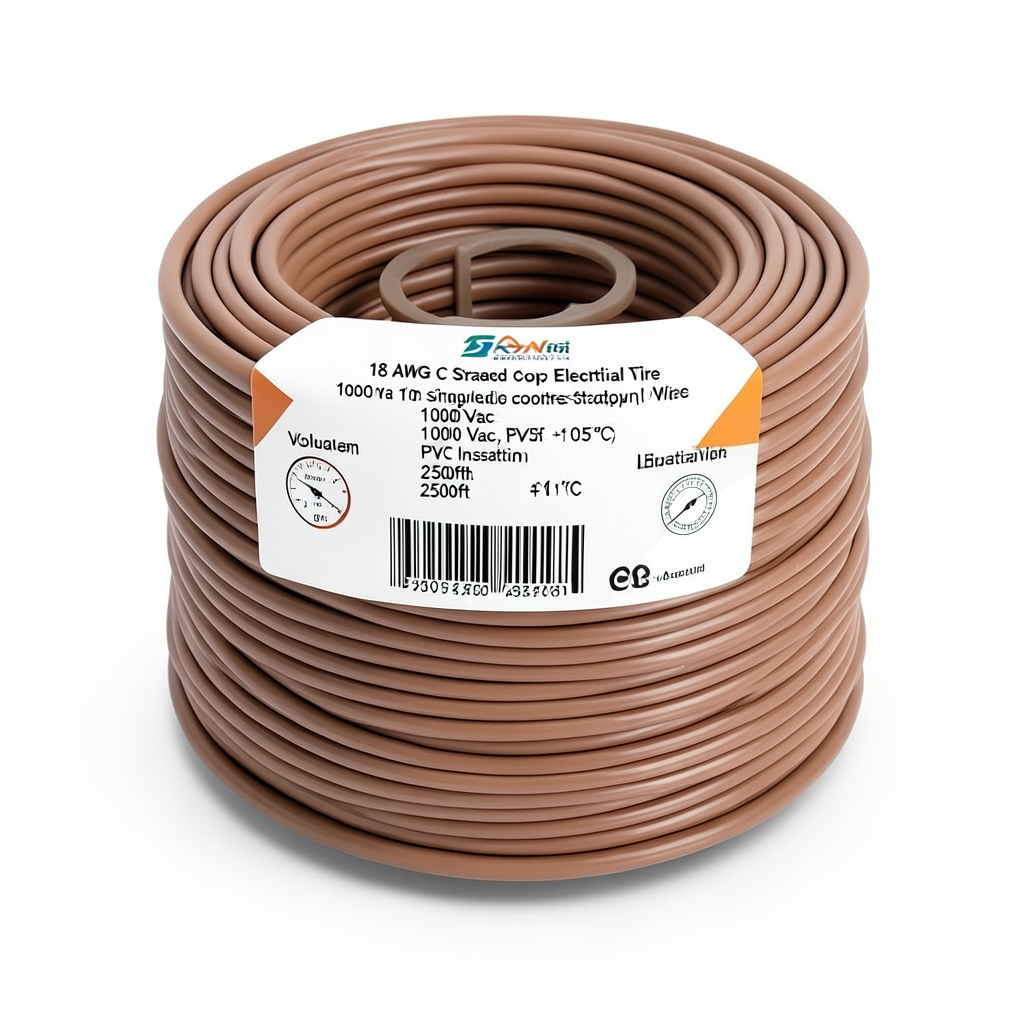 سلك كهرباء مفرد 18 AWG نحاس مجدول معزول (PVC+105°C) بني، 1000 فولت، طول 2500 قدم | شركة كابلات الشرقية للصناعة