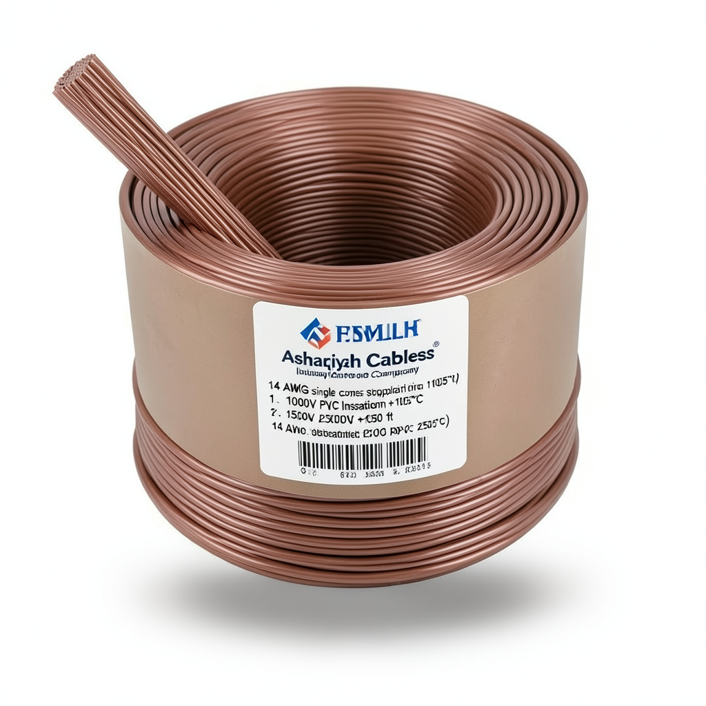 سلك نحاس مجدول 14 AWG مفرد، 1000 فولت، عازل PVC +105°C، بني، طول 2500 قدم | شركة كابلات الشرقية للصناعة