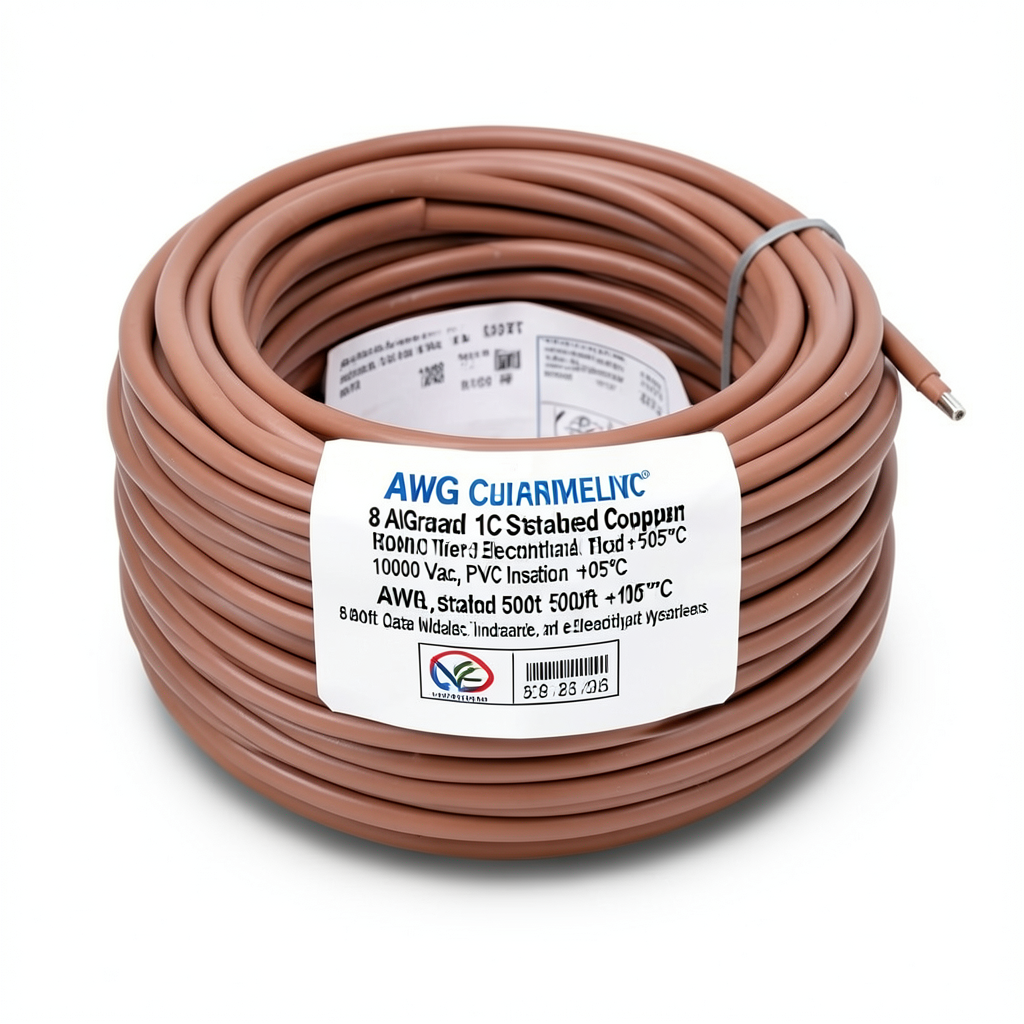 سلك كهرباء مفرد 8 AWG نحاس مجدول، 1000 فولت، عزل PVC +105°C، بني، طول 500 قدم | شركة كابلات الشرقية للصناعة