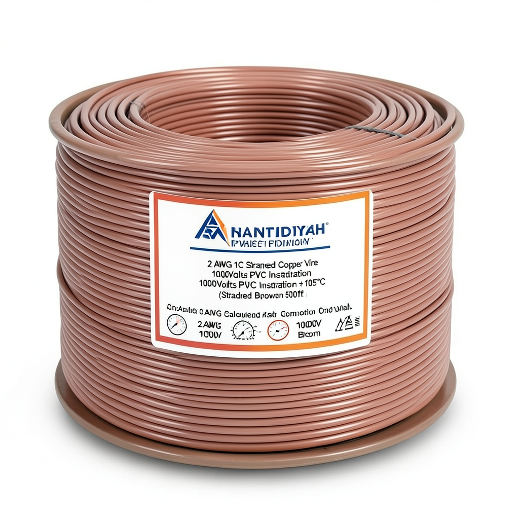 لفة سلك مفرد 2 AWG نحاس مجدول 1000 فولت عزل PVC +105°C بني طول 500 قدم | شركة كابلات الشرقية للصناعة
