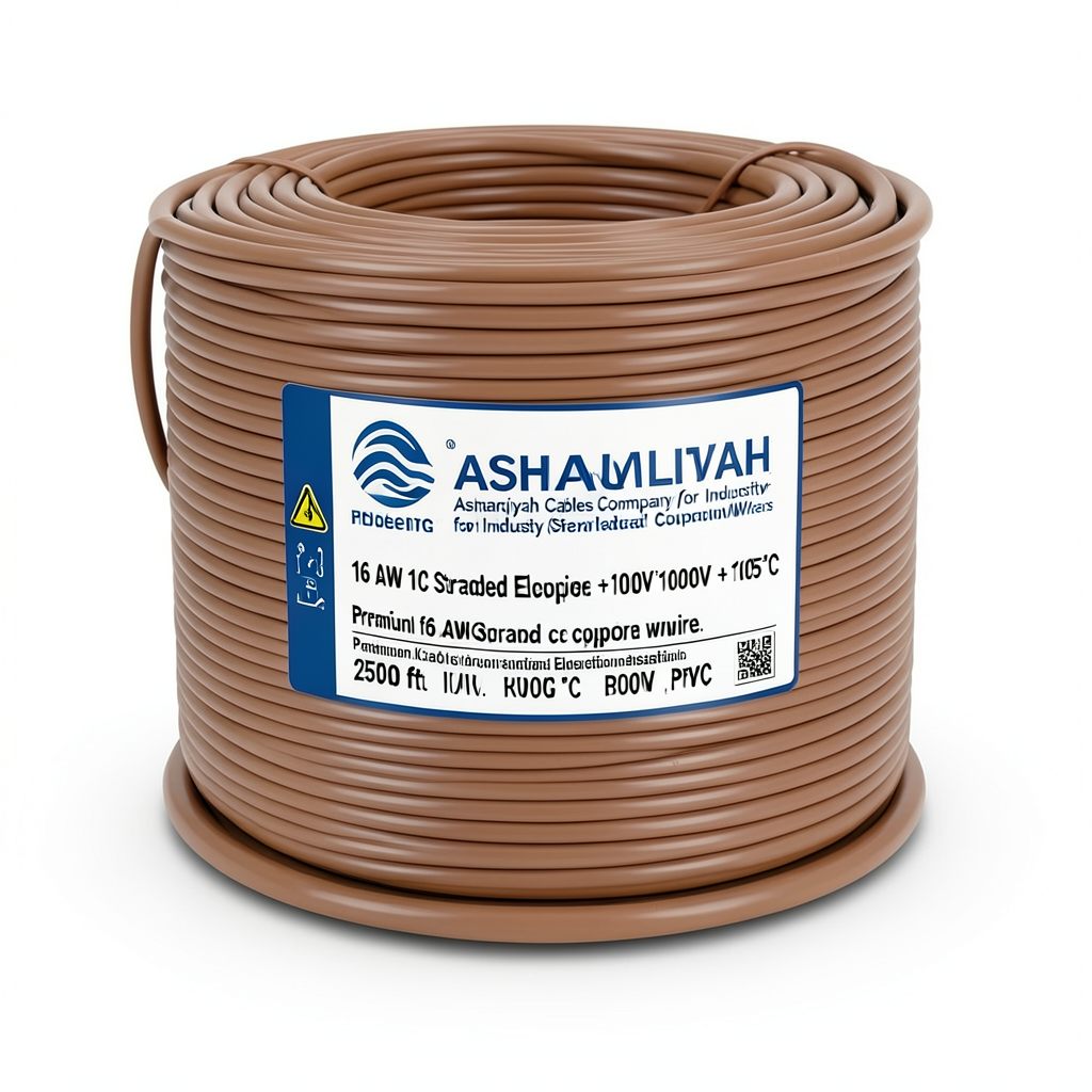 لفة سلك مفرد 16 AWG نحاس مجدول عزل PVC +105°C بني، 1000 فولت، 2500 قدم | شركة كابلات الشرقية للصناعة
