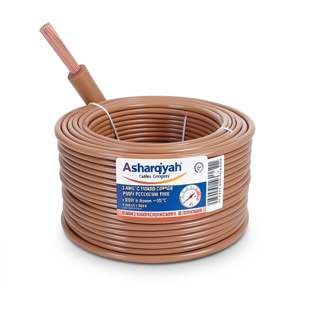 سلك مفرد 3 AWG نحاس مجدول كهربائي 1000 فولت، عزل PVC +105°C بني، طول 500 قدم | شركة كابلات الشرقية للصناعة
