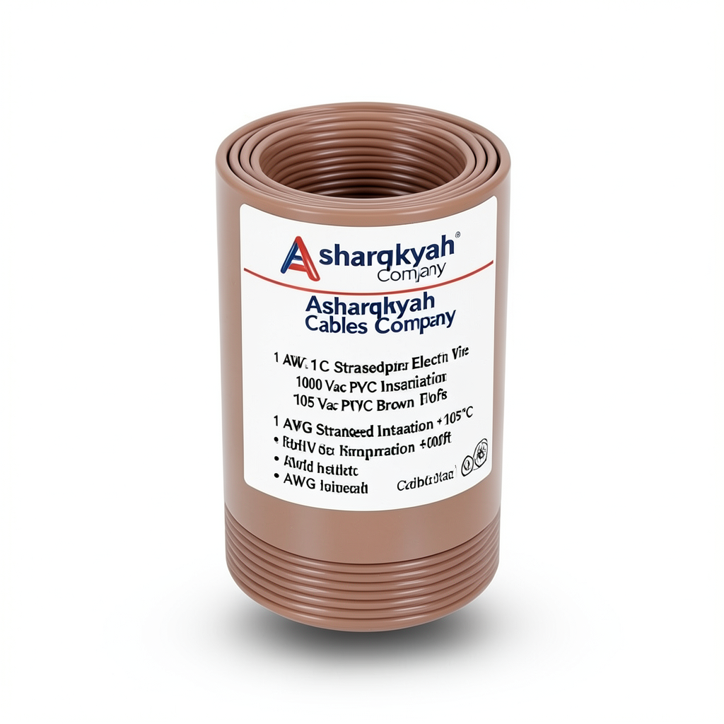 سلك كهرباء مفرد 1 AWG نحاس مجدول 1000 فولت معزول PVC +105°C بني طول 500 قدم | شركة كابلات الشرقية للصناعة