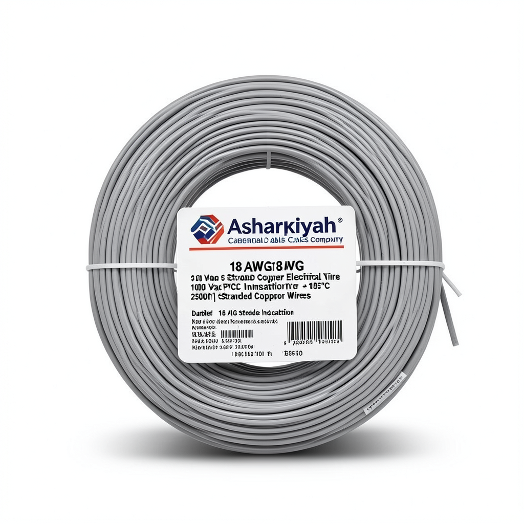 سلك كهرباء مفرد 18 AWG نحاس مجدول 1000 فولت معزول PVC +105°C رمادي طول 2500 قدم | شركة كابلات الشرقية للصناعة