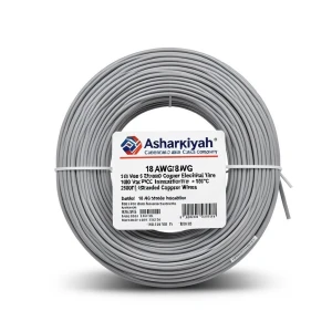 سلك كهرباء مفرد 18 AWG نحاس مجدول 1000 فولت معزول PVC +105°C رمادي طول 2500 قدم | شركة كابلات الشرقية للصناعة