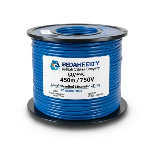 لفة سلك نحاس مجدول CU/PVC مقاس 2.5mm، 450/750V، لون أزرق، شركة كابلات جدة | كابلات جدة