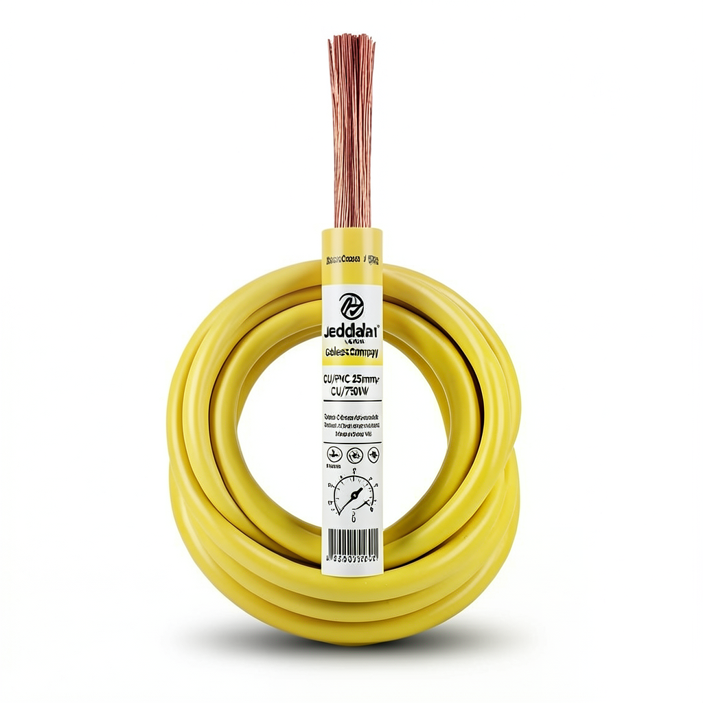 لفة سلك مفرد نحاس مجدول CU/PVC مقاس 25mm2، 450/750 فولت، لون أصفر | شركة كابلات جدة