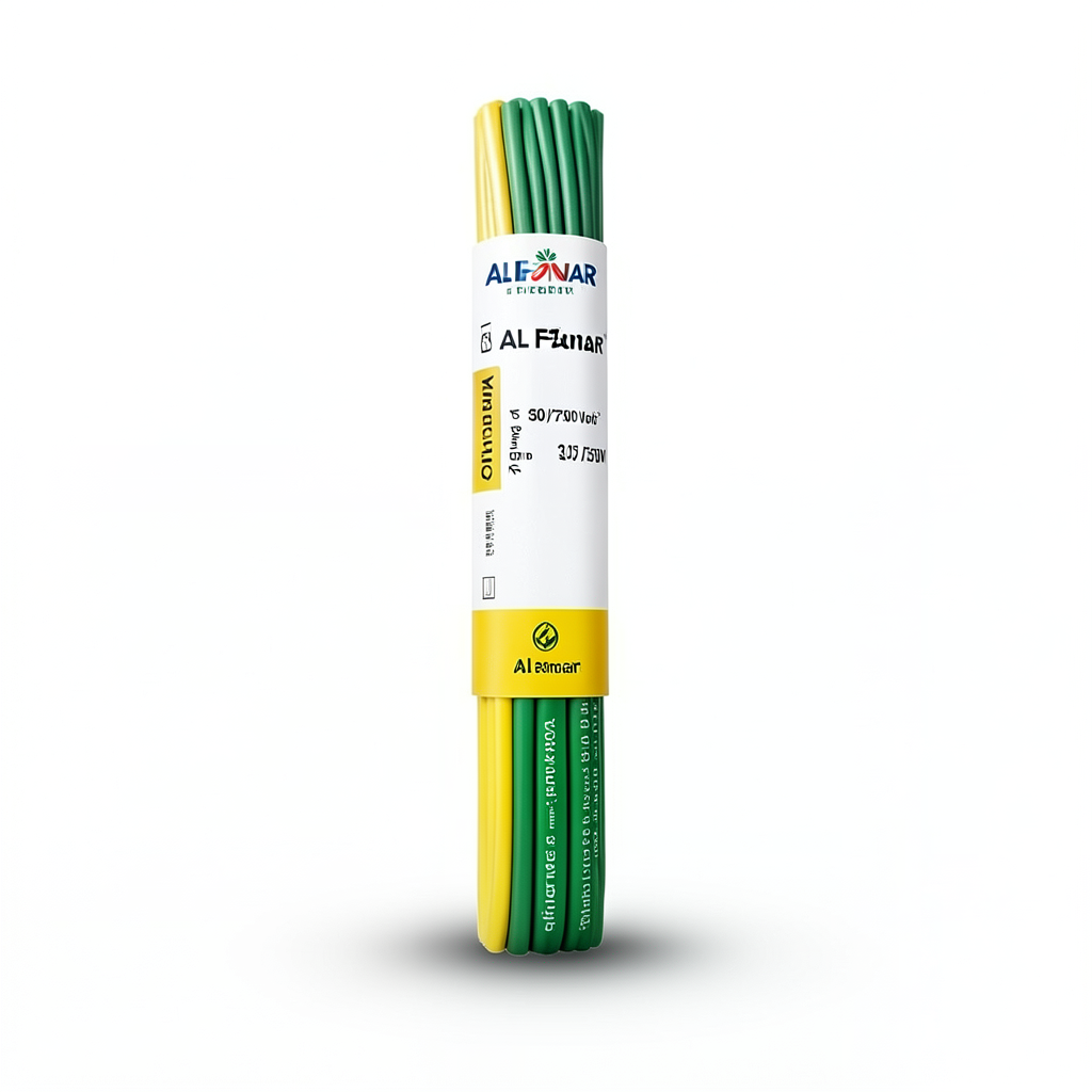 كابل نحاس مجدول احادى النواة معزول PVC 70º شركة الفنار مقاس 1.5 مم² 450/750 فولت 300 قدم أصفر مع أخضر