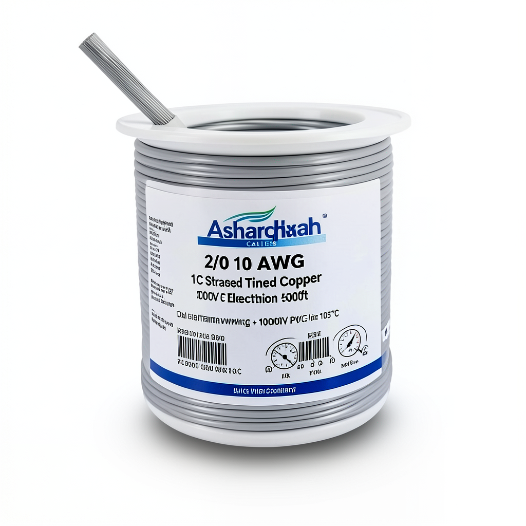 سلك كهرباء مفرد نحاس مجدول 2/0 AWG مطلي قصدير 1000 فولت عزل PVC +105°C رمادي 500 قدم | شركة كابلات الشرقية للصناعة